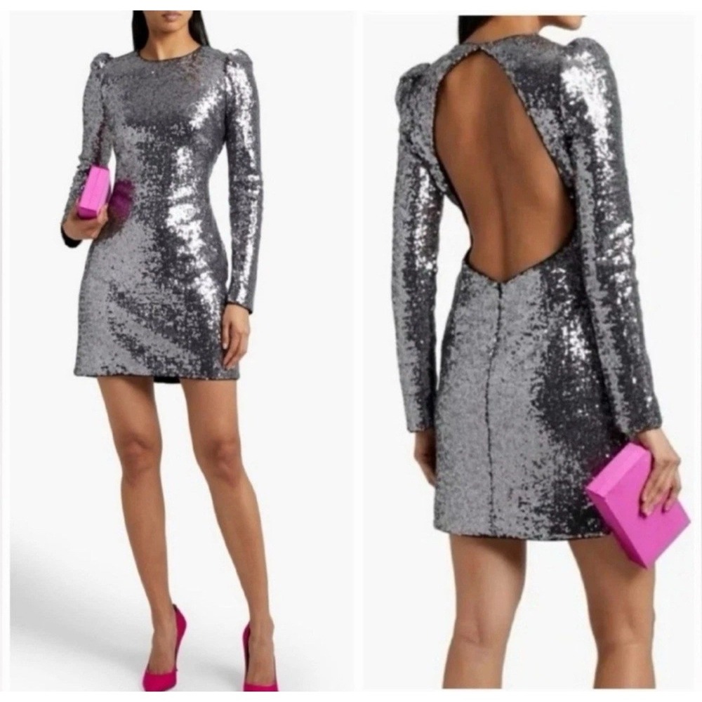 Rachel Zoe Backless Long Sleeve Silver Sequin Party Holiday Mini $345 Dress‎ 10